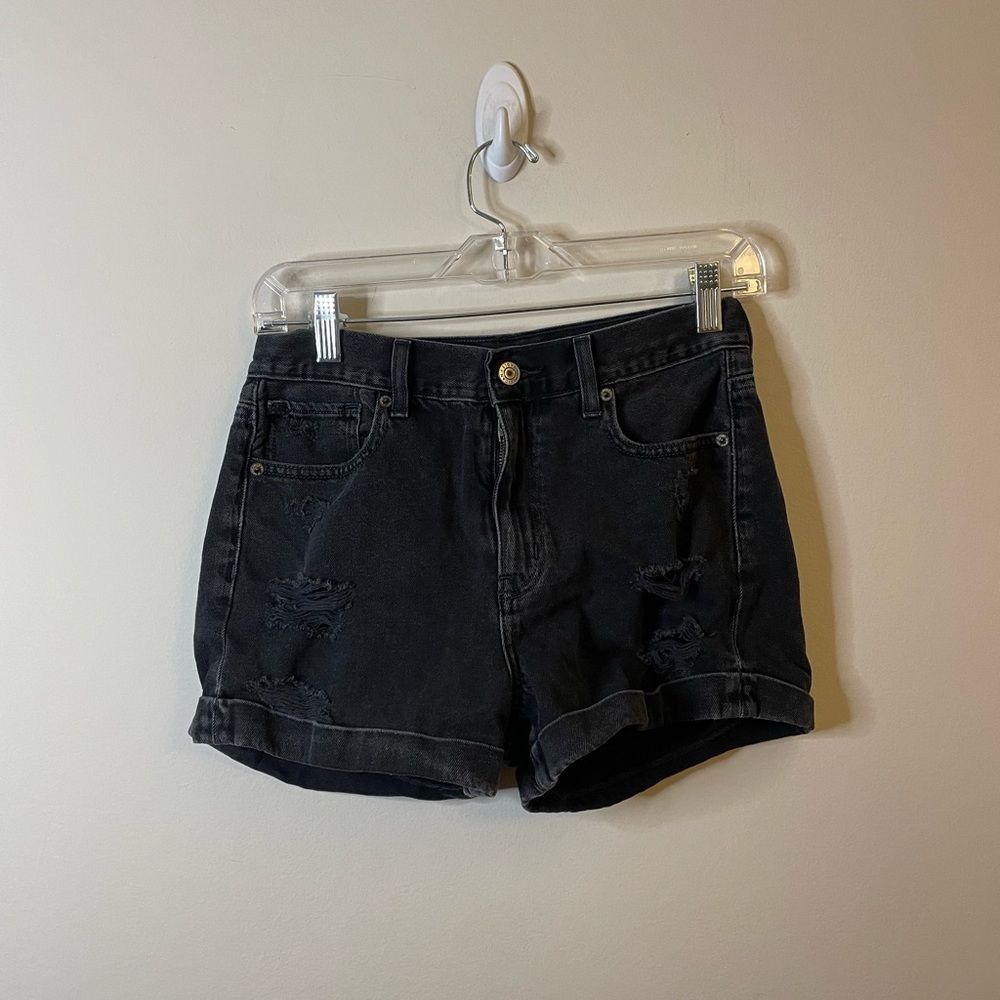 American Eagle Black Faded Wash Distressed Cuffed Mom Shorts